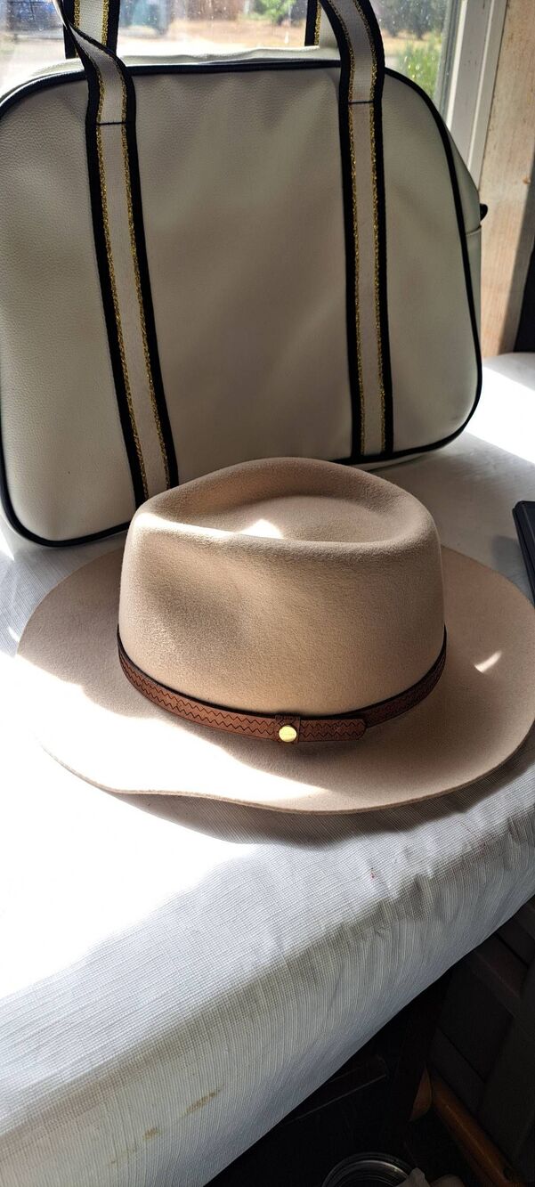 Kooringal Australia Wool Felt Fedora Hat Beige Tan Wide Brim Leather Band Size 7 - Picture 4 of 7